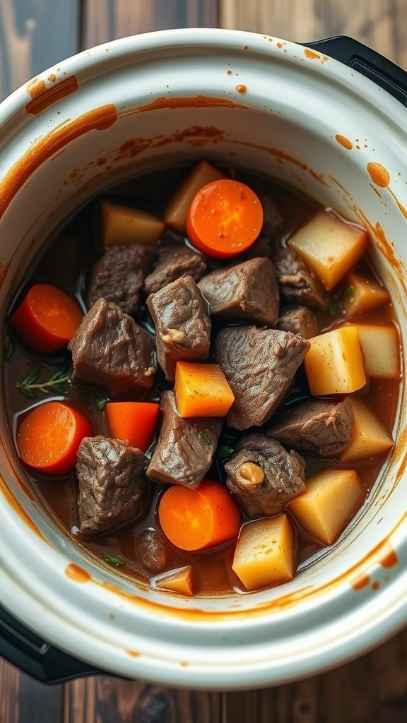 A crockpot filled with beef stew featuring chunks of beef, carrots, and potatoes in a rich sauce.