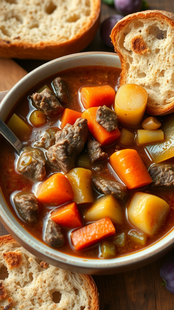 A bowl of beef stew filled with carrots, potatoes, and chunks of meat, accompanied by slices of bread.