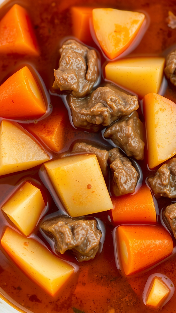 A bowl of beef stew with chunks of meat, potatoes, and carrots in a rich broth.