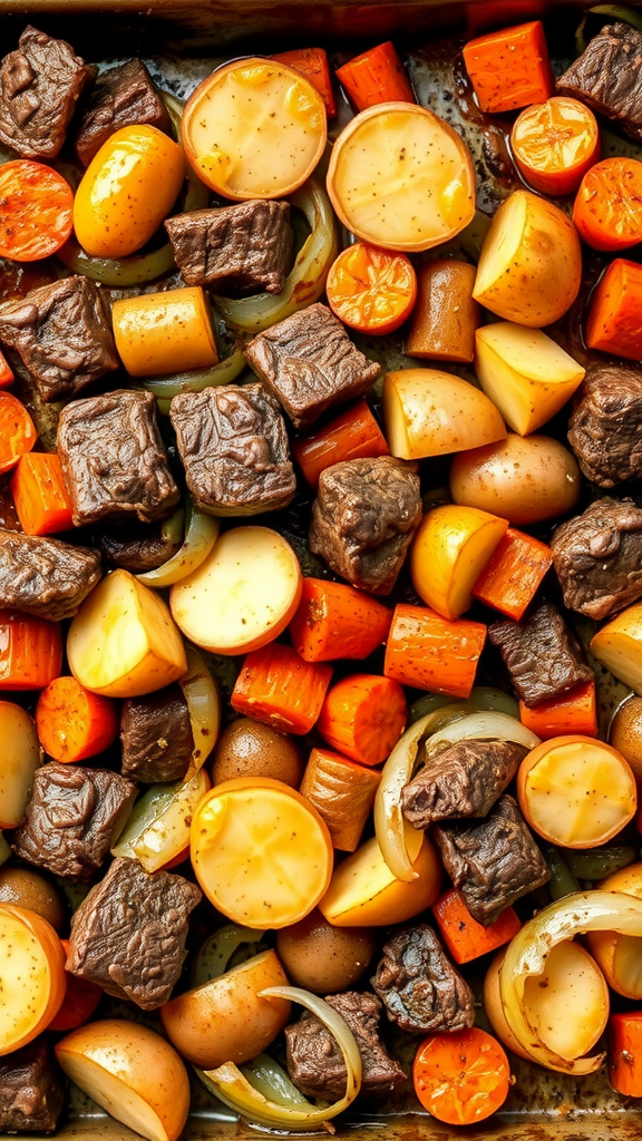 A hearty beef stew with chunks of meat, potatoes, carrots, and onions.