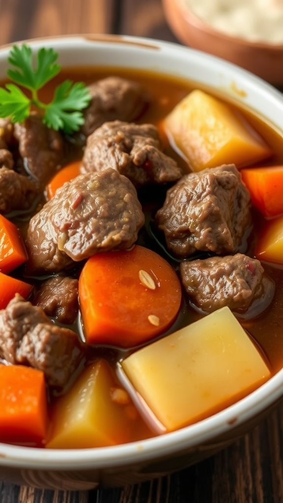 A delicious bowl of beef stew with vegetables and herbs