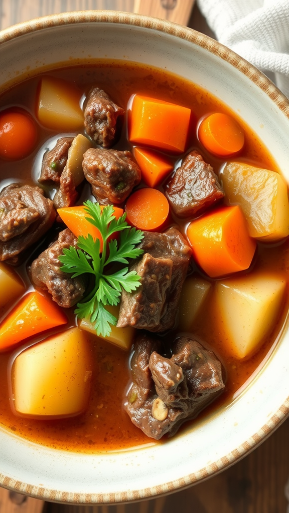 A bowl of beef stew with carrots, potatoes, and chunks of meat garnished with parsley.