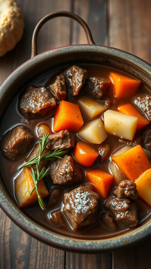 A delicious beef stew with tender meat, carrots, and potatoes in a rustic pot