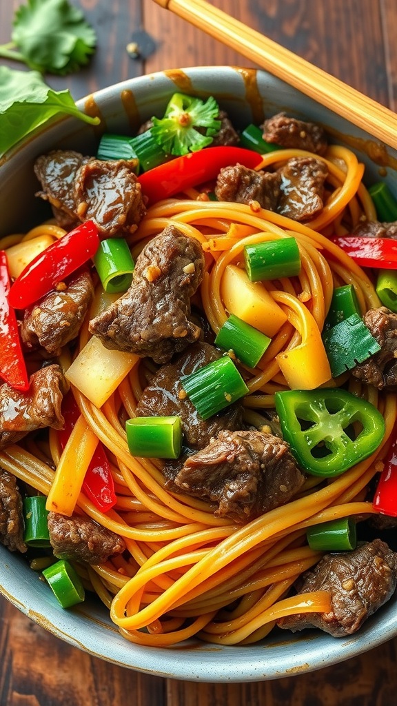 A colorful bowl of beef stir-fry with noodles, topped with green onions and bell peppers.