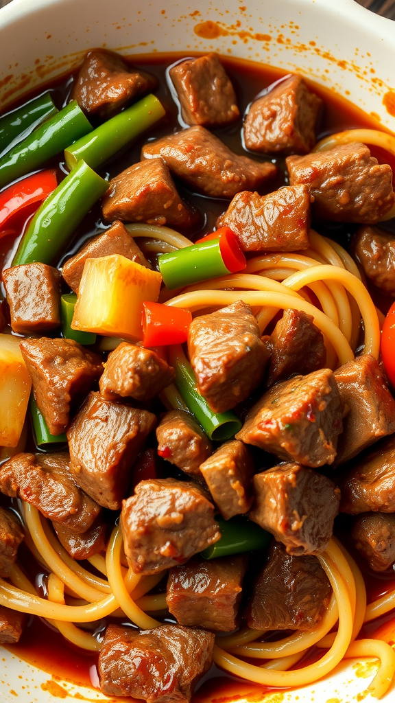 Delicious beef stir fry with noodles and colorful vegetables