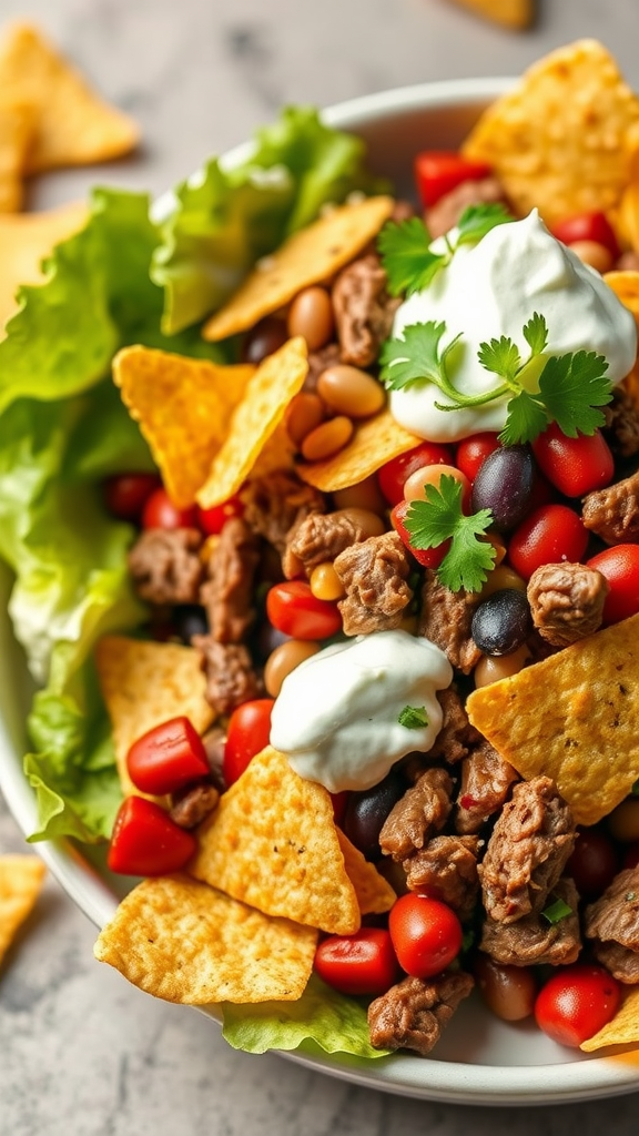 A colorful beef taco salad featuring ground beef, lettuce, tomatoes, beans, and tortilla chips.
