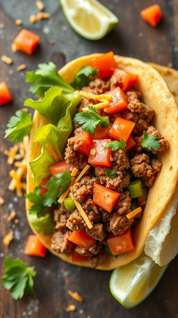 A fresh beef taco loaded with ground beef, diced tomatoes, cheese, and lettuce, garnished with cilantro and a lime wedge.
