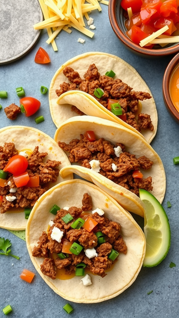 Delicious beef tacos with toppings on a blue background