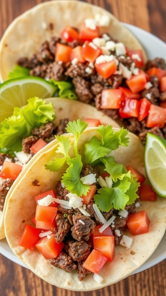 Delicious beef tacos topped with tomatoes, cheese, and cilantro on a plate.