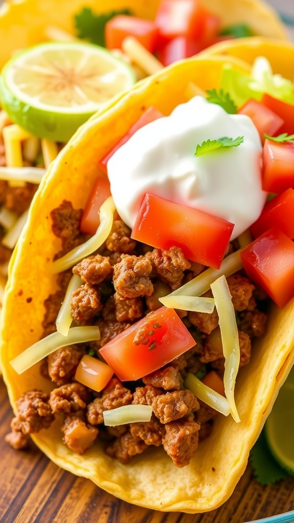 Delicious beef tacos topped with tomatoes, cilantro, and sour cream