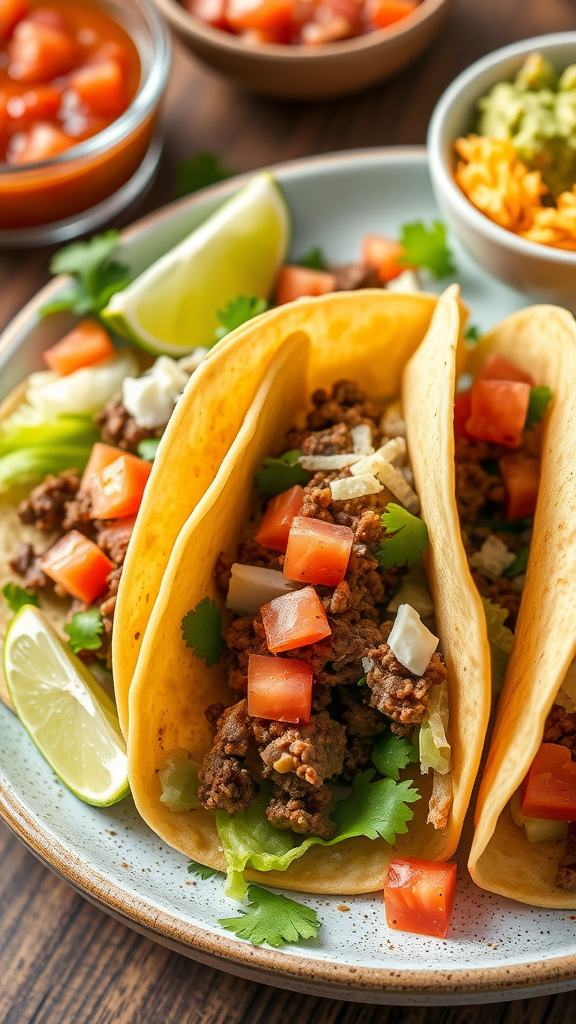 A plate of beef tacos with fresh toppings and sides