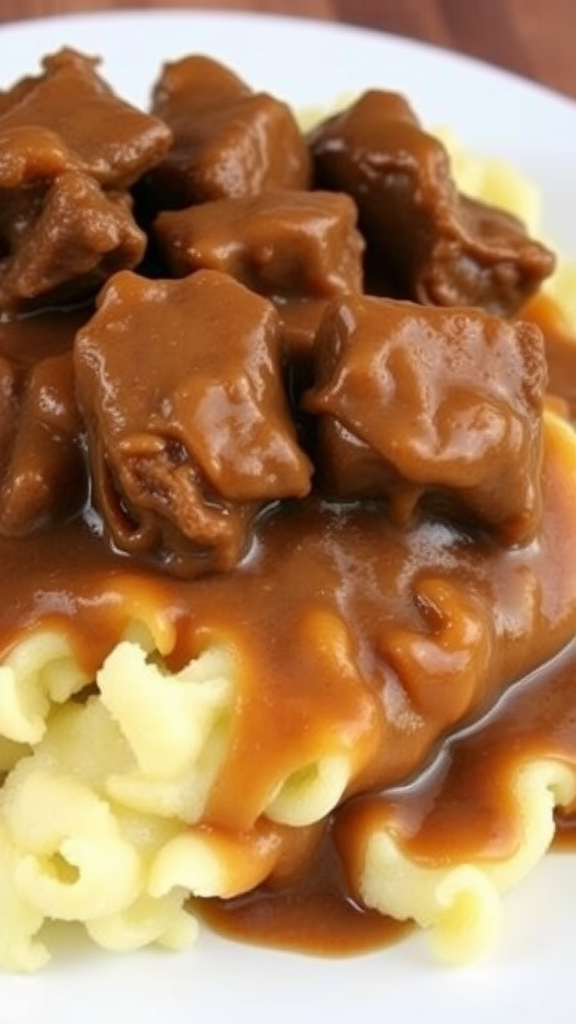 Delicious beef tips smothered in gravy served over pasta.