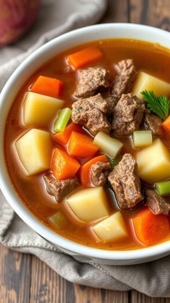 A bowl of hearty beef vegetable soup with chunks of beef, carrots, potatoes, and celery.