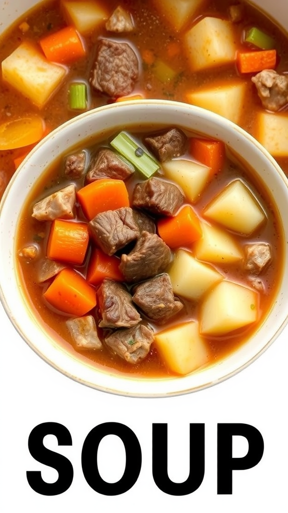 A bowl of beef vegetable soup with chunks of meat, carrots, and potatoes.