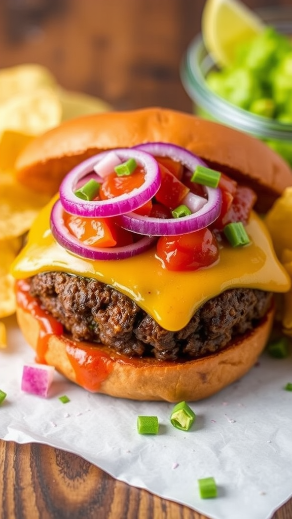 A delicious black bean burger topped with cheese, onions, and tomatoes, served with chips.