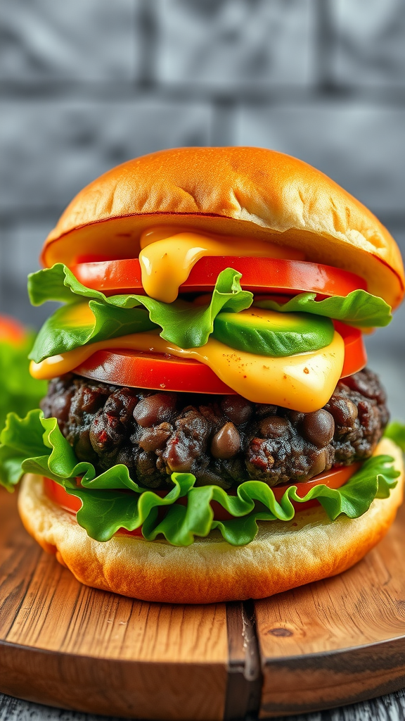 A delicious black bean burger topped with lettuce, tomato, and cheese in a soft bun.