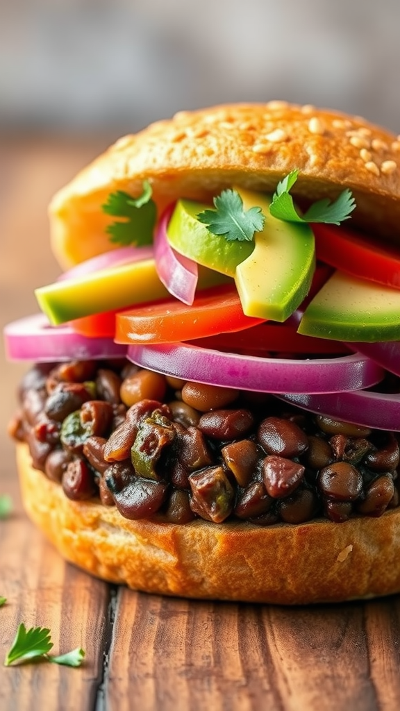 A close-up of a black bean burger with fresh vegetables layered on a sesame bun