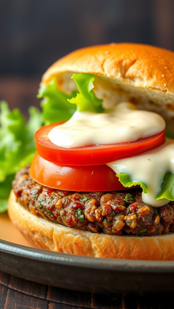 A close-up of a black bean burger with lettuce, tomato, and sauce on a bun.