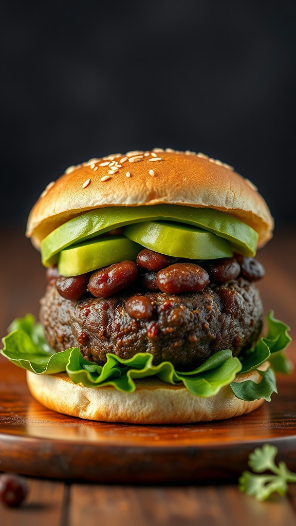 A delicious black bean burger with lettuce and pickles in a sesame seed bun