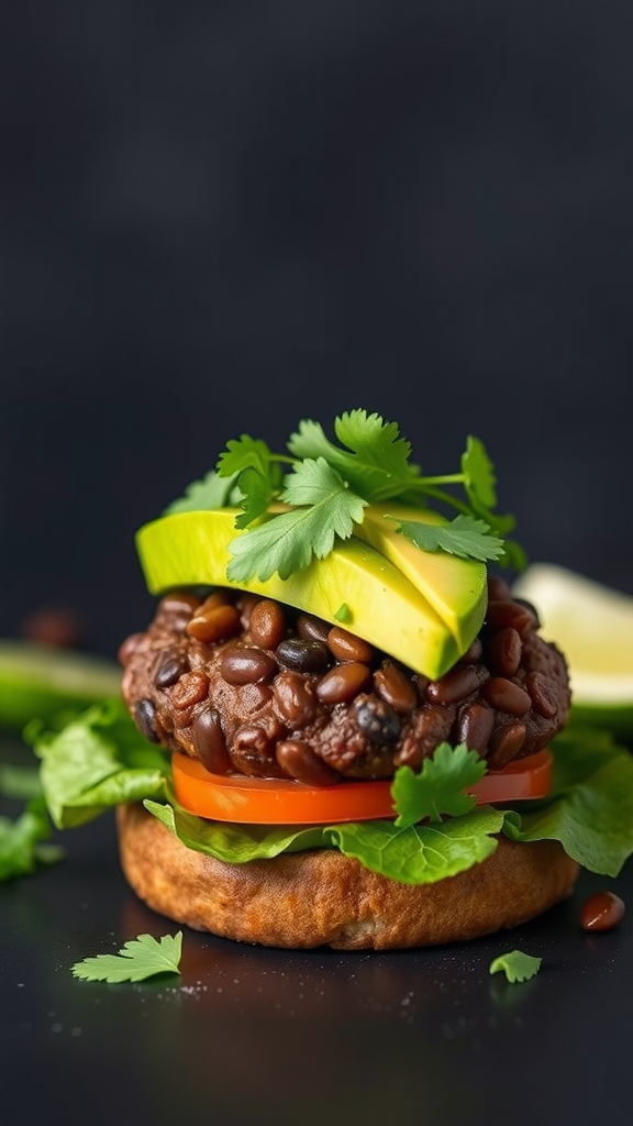 A delicious black bean burger topped with avocado, cilantro, and tomato on a bun.