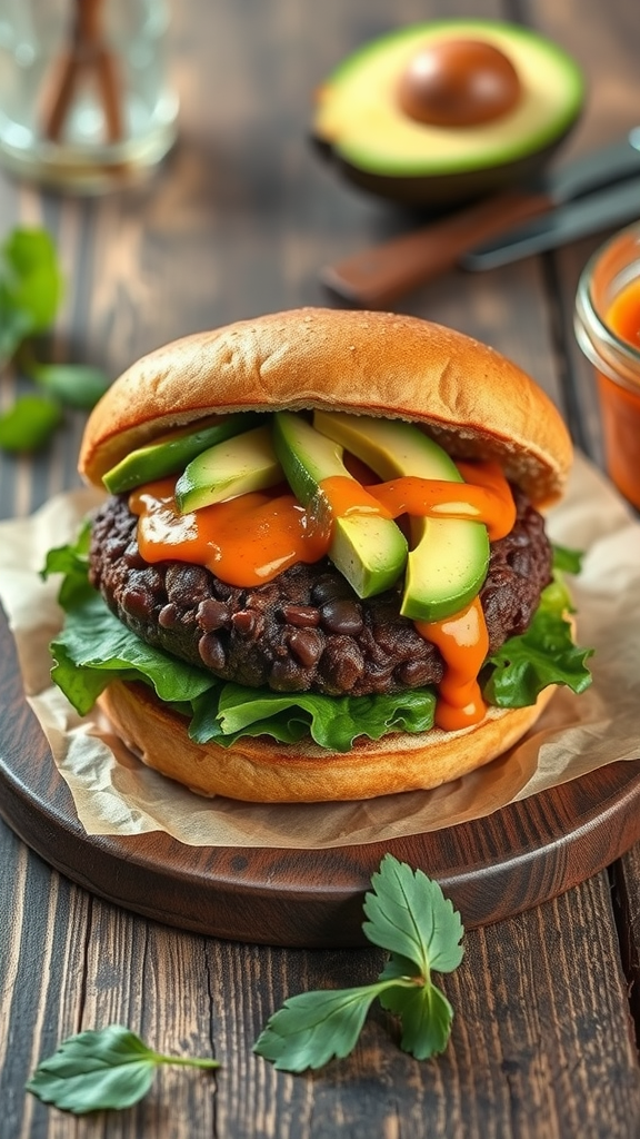 A delicious black bean burger topped with avocado slices on a wooden plate.