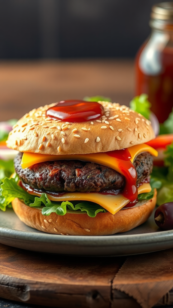 Delicious black bean burger with cheese, ketchup, and lettuce on a sesame seed bun.