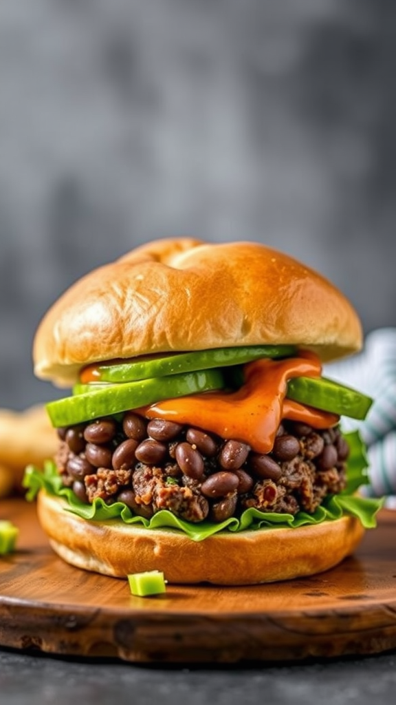 A delicious black bean burger with toppings on a wooden cutting board.