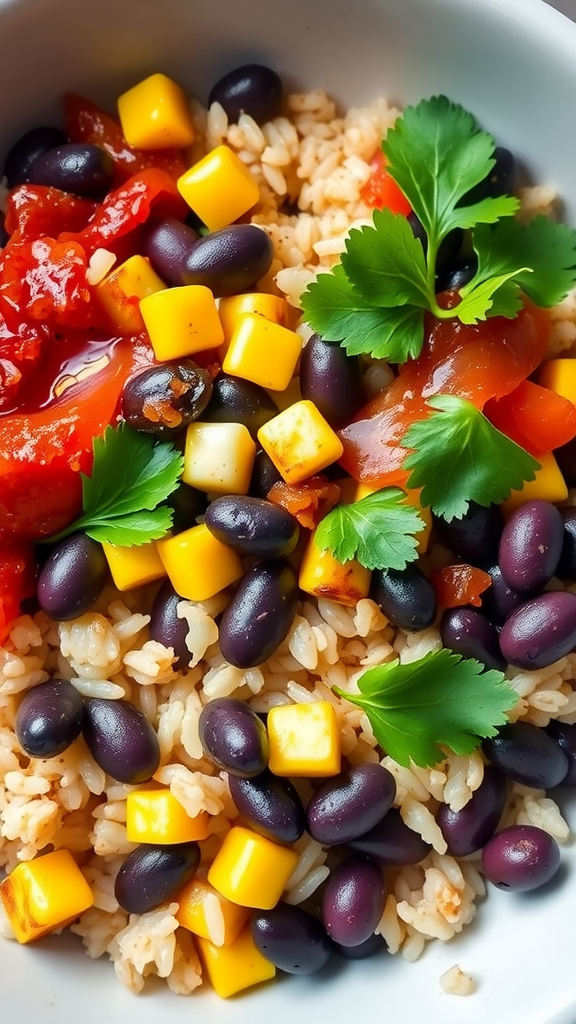 A black bean grain bowl with rice, black beans, yellow cheese cubes, red peppers, and cilantro.