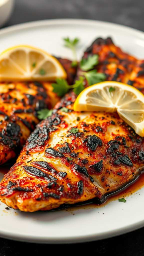 Blackened fish fillets with lemon slices on a white plate