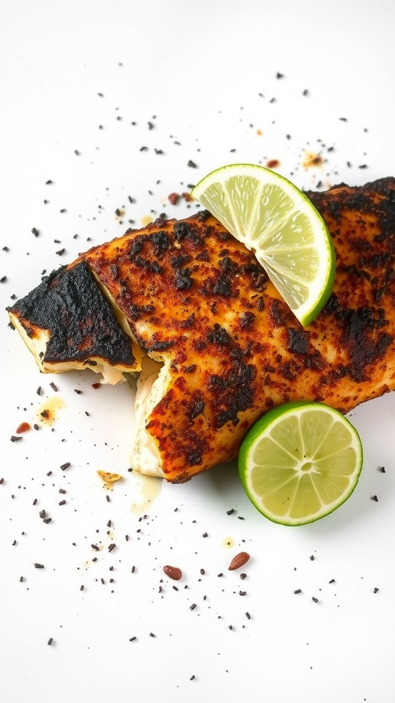 A perfectly cooked blackened fish fillet garnished with lime slices