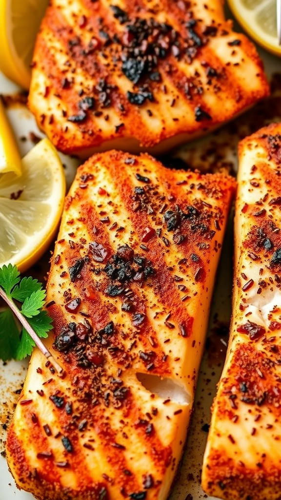 Image of blackened salmon fillets served with lemon slices