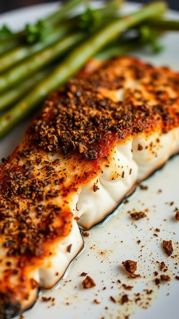 Plate of blackened fish with asparagus