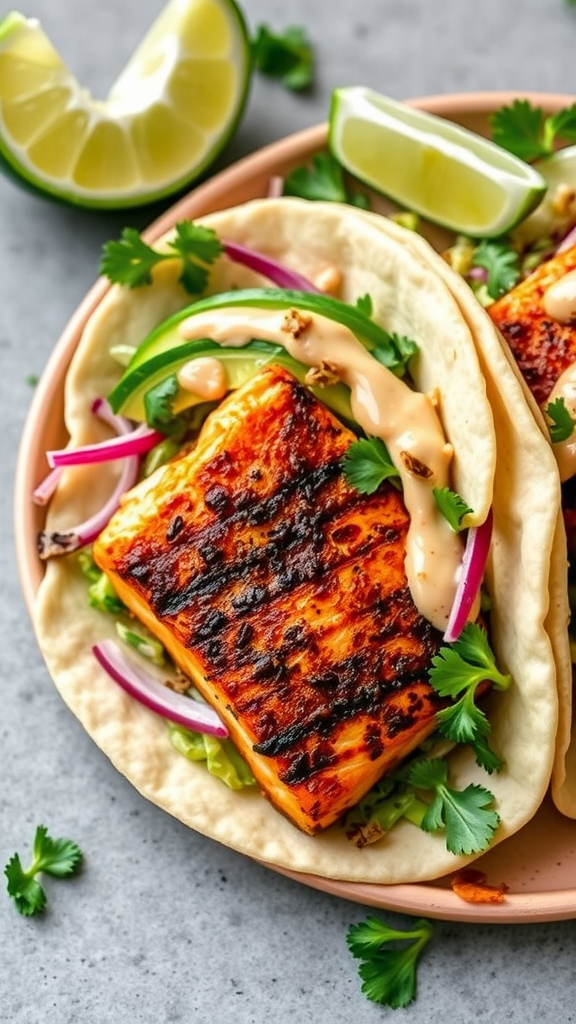Close-up of blackened salmon tacos with fresh toppings and lime wedges.