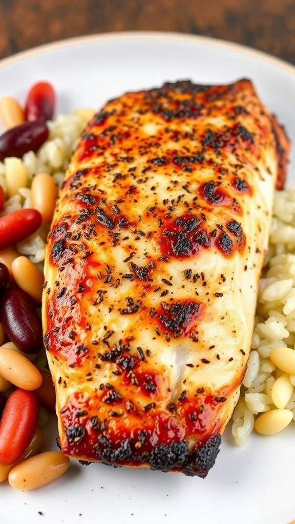 A plate of blackened tilapia served with mixed beans and rice.