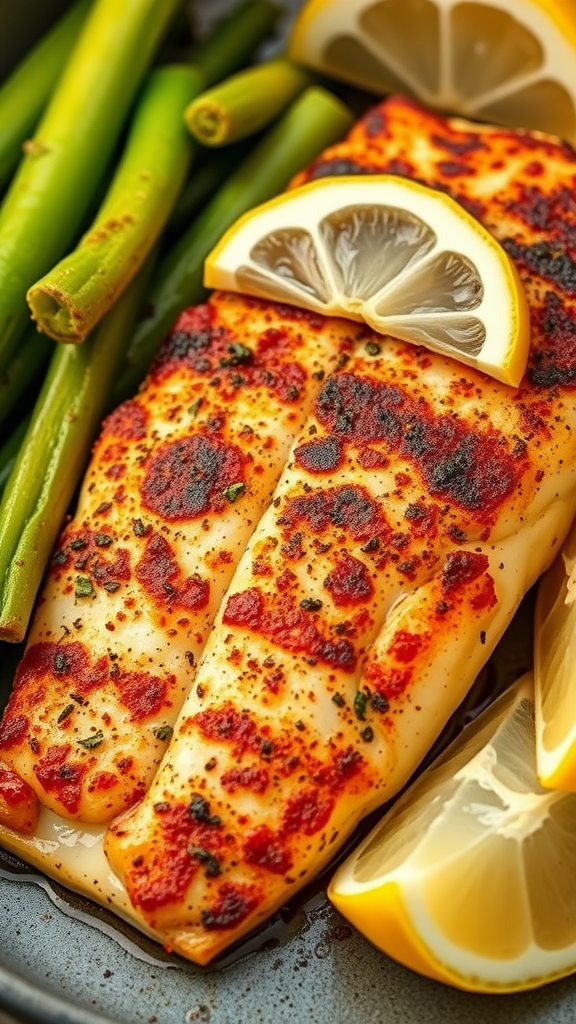 Blackened tilapia fillets with lemon slices and green vegetables