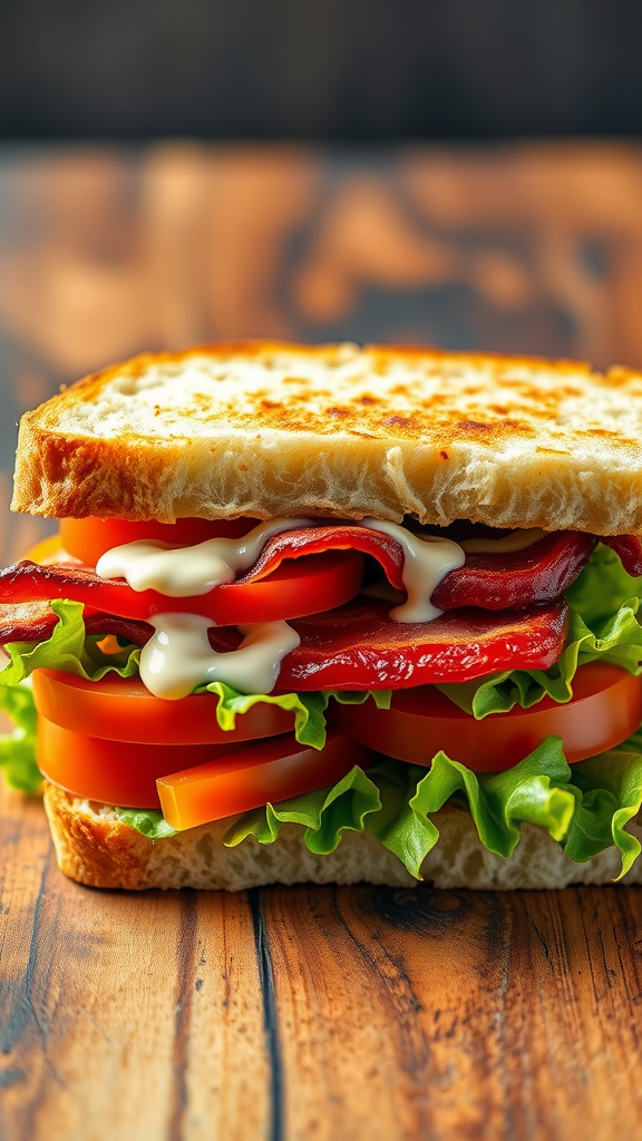 A deliciously stacked BLT sandwich with crispy bacon, lettuce, tomatoes, and mayo on toasted bread