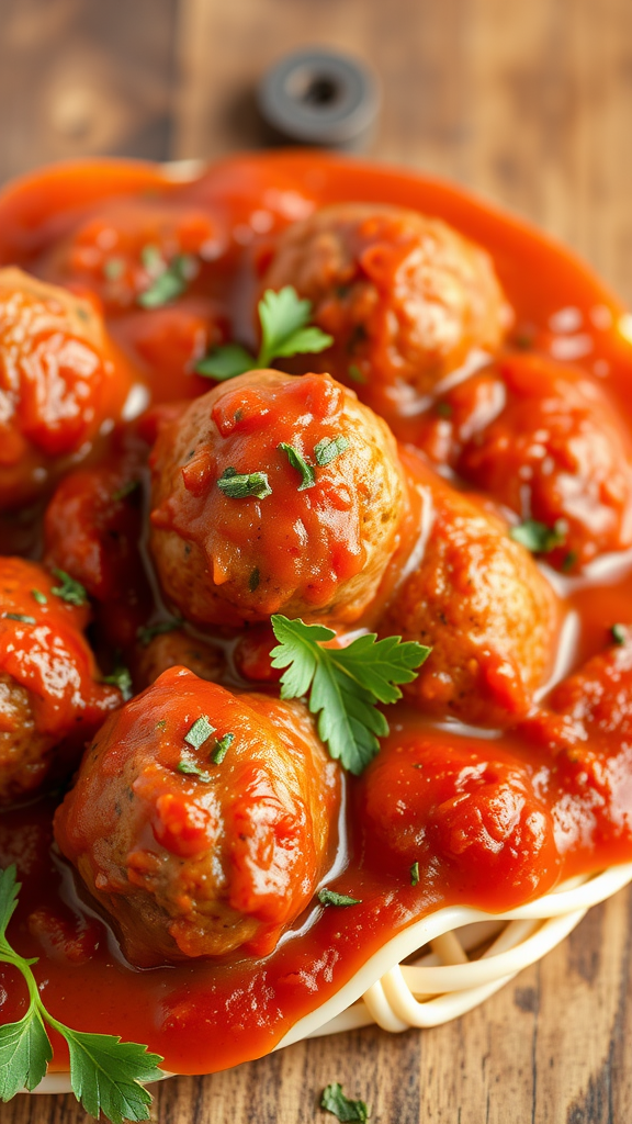 Delicious Italian meatballs in marinara sauce served over spaghetti