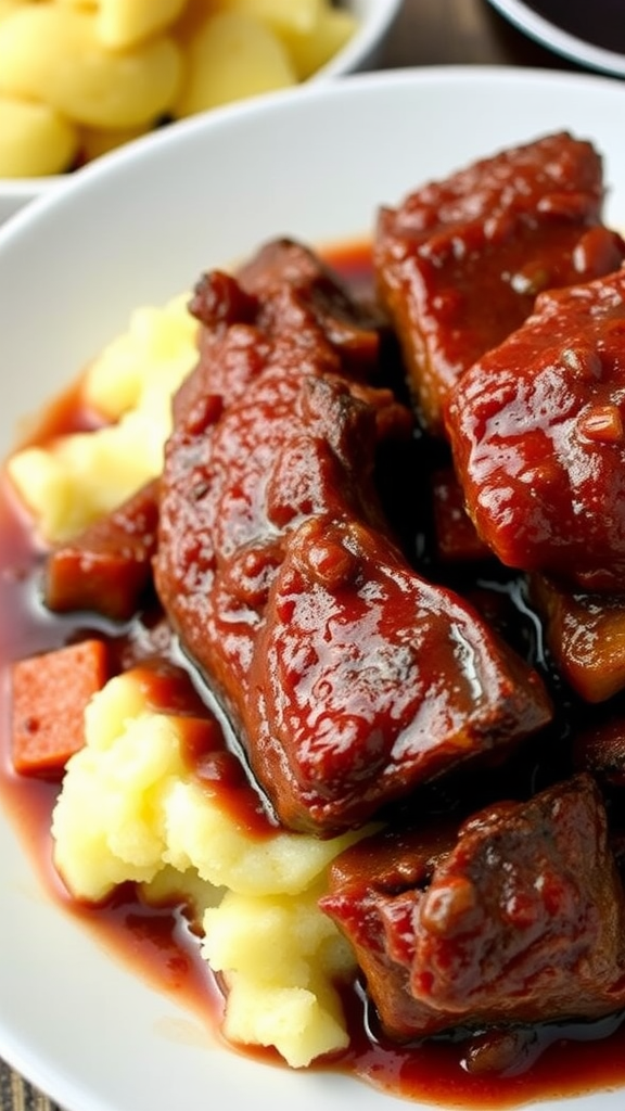 A plate of braised short ribs served with mashed potatoes and carrots.