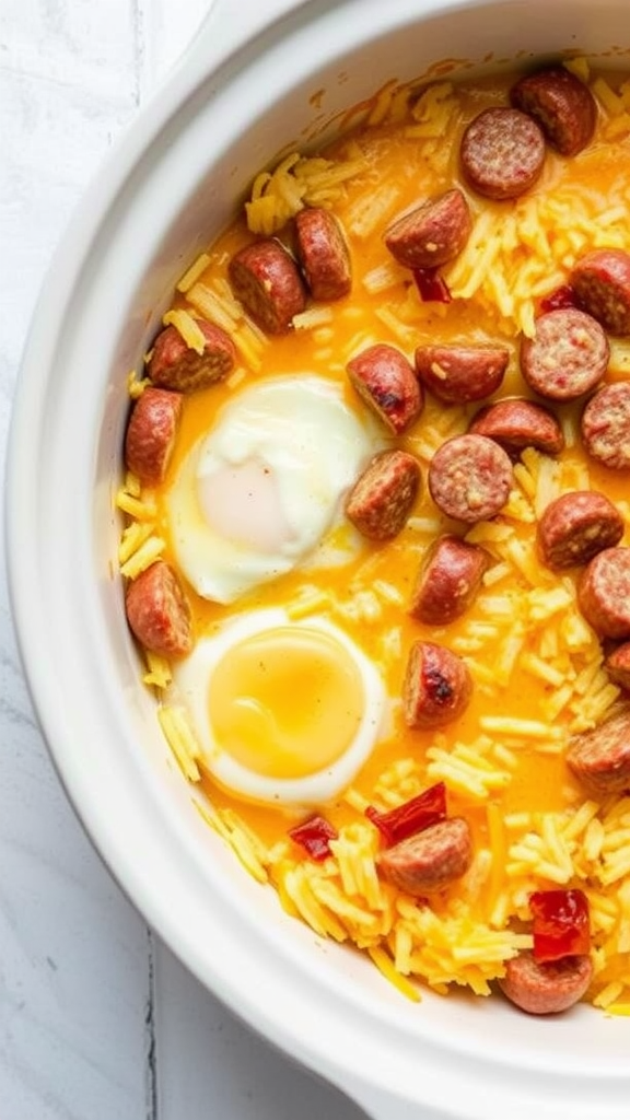 A cozy breakfast casserole in a crockpot, featuring eggs, sausage, and cheese.