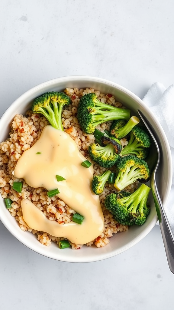 A bowl of Broccoli Cheddar Grain Bowl with grains, broccoli, and cheese sauce.