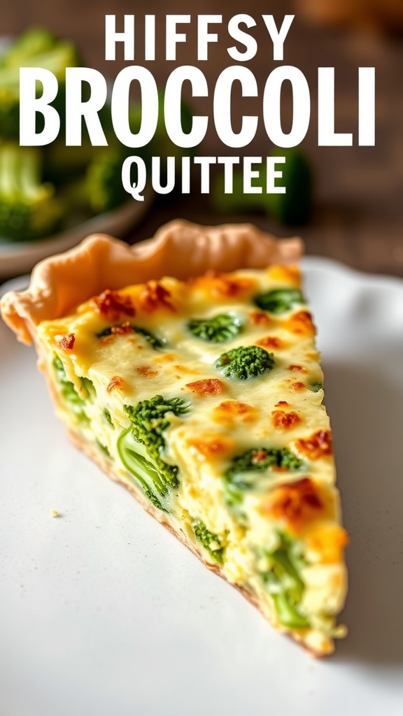 A slice of Broccoli Cheddar Quiche on a plate