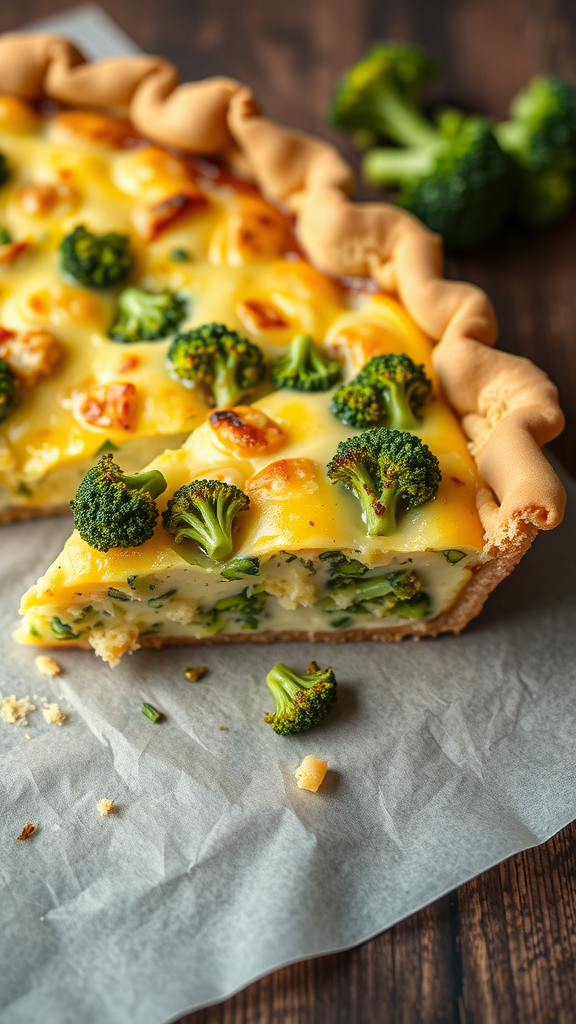 A slice of broccoli cheddar quiche with a golden crust and fresh broccoli on top, placed on parchment paper.