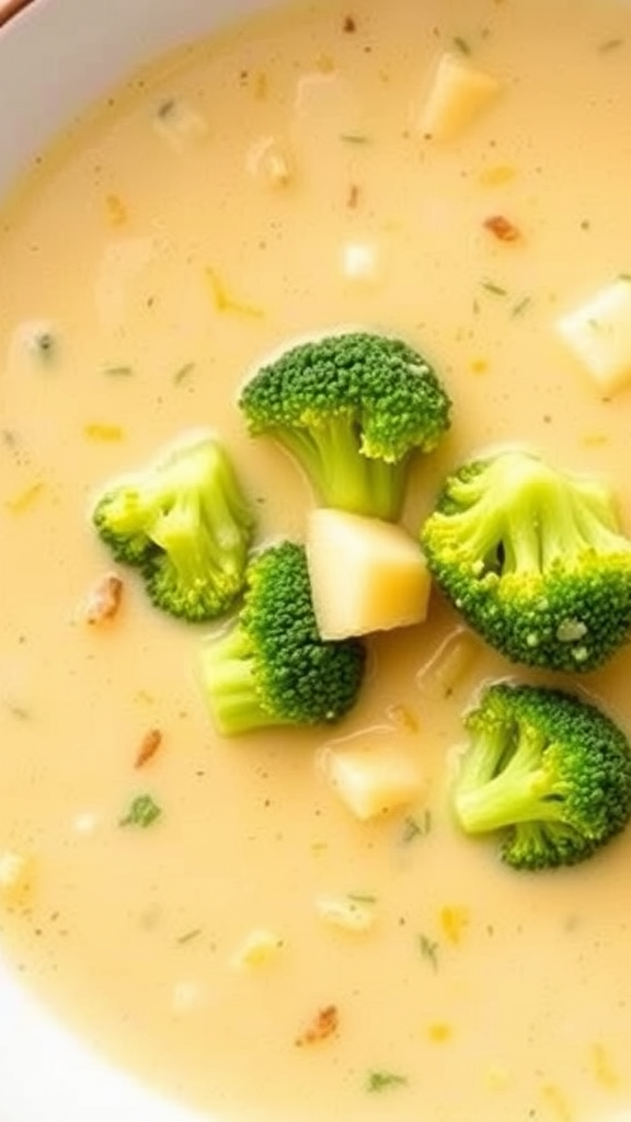 A bowl of creamy broccoli cheddar soup with broccoli florets and potatoes.