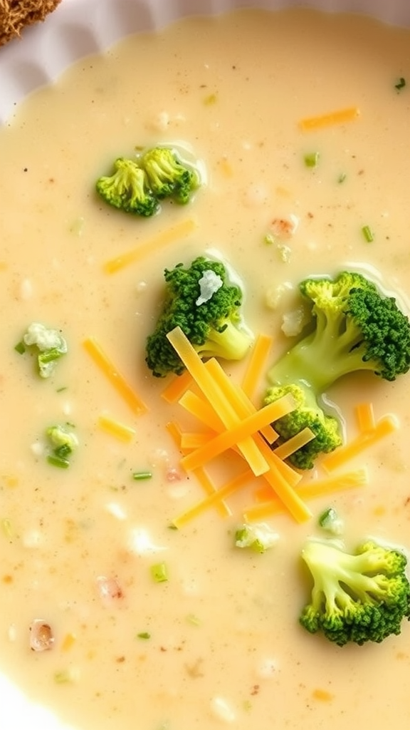A bowl of creamy broccoli cheddar soup with broccoli florets and shredded cheese on top.