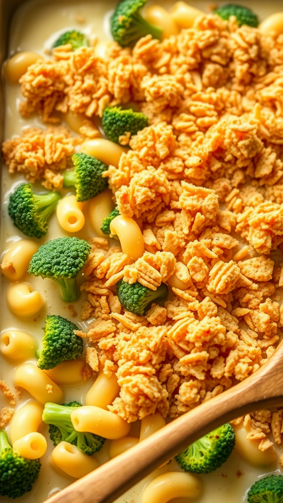 A close-up of creamy broccoli mac and cheese with a crunchy topping.