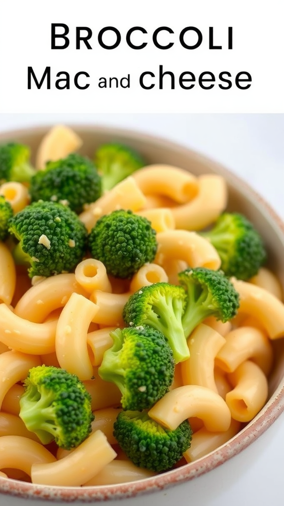 A bowl of creamy broccoli mac and cheese with elbow macaroni and fresh broccoli florets.