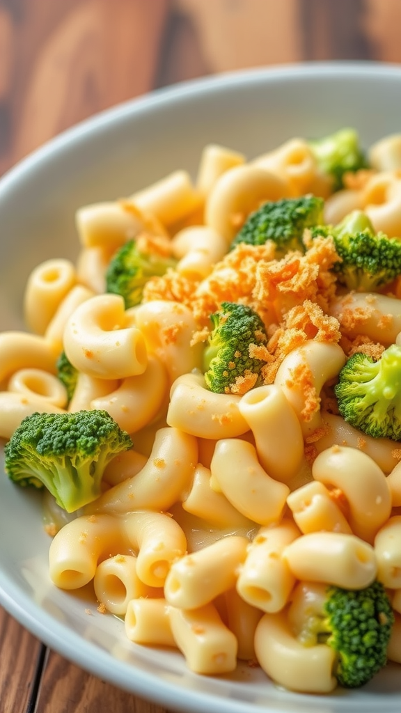 A bowl of macaroni pasta mixed with broccoli and topped with cheese.