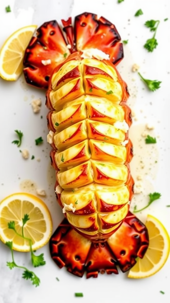 Broiled lobster tail garnished with lemon slices and cilantro