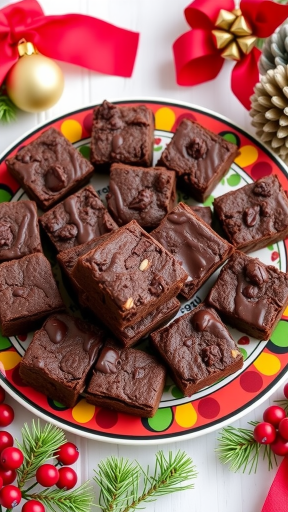 A festive platter of no-bake brownie bites surrounded by holiday decorations.