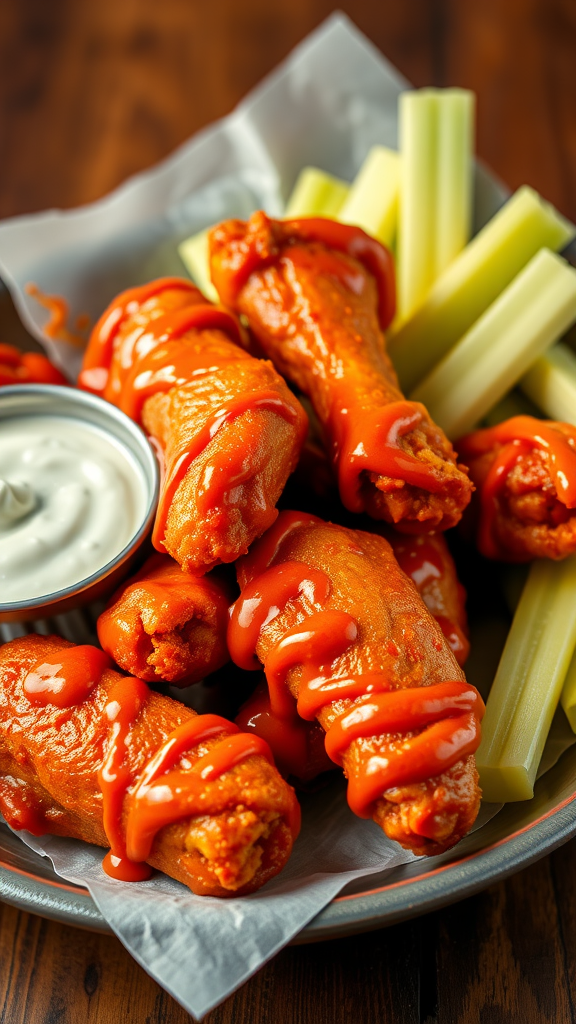 A plate of buffalo wings drizzled with hot sauce, accompanied by celery sticks and a small bowl of ranch dressing.